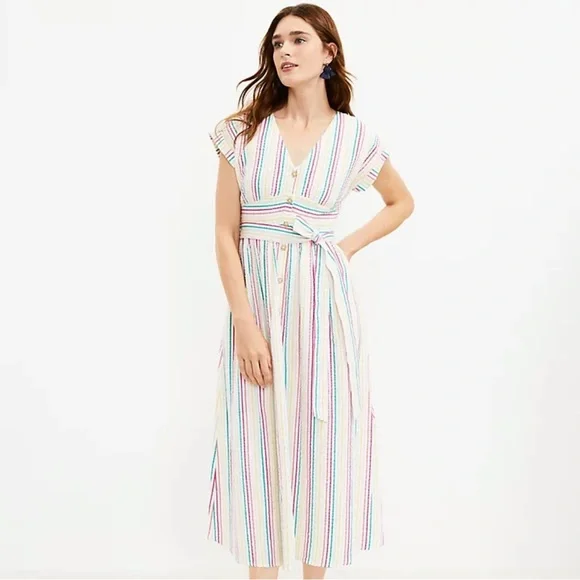 LOFT | Dresses | The Loft Petite Striped Button Tie Waist Midi Dress |  Poshmark